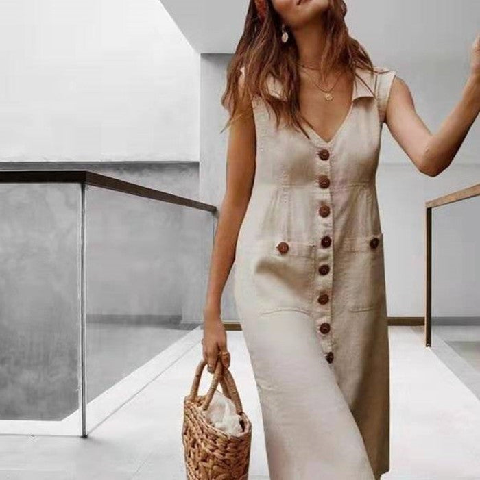 Summer Fashion V-Neck Button Dress Women Sleeveless Office Party Casual Dresses