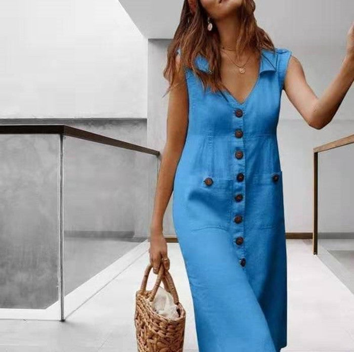 Summer Fashion V-Neck Button Dress Women Sleeveless Office Party Casual Dresses