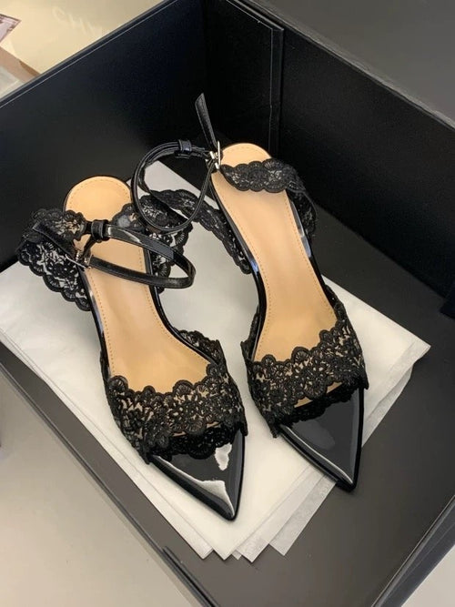 2026 Summer New French Niche Design Women Sandals, Pointed Toe Lace Stiletto High Heel Open Toe Outdoor Shoes