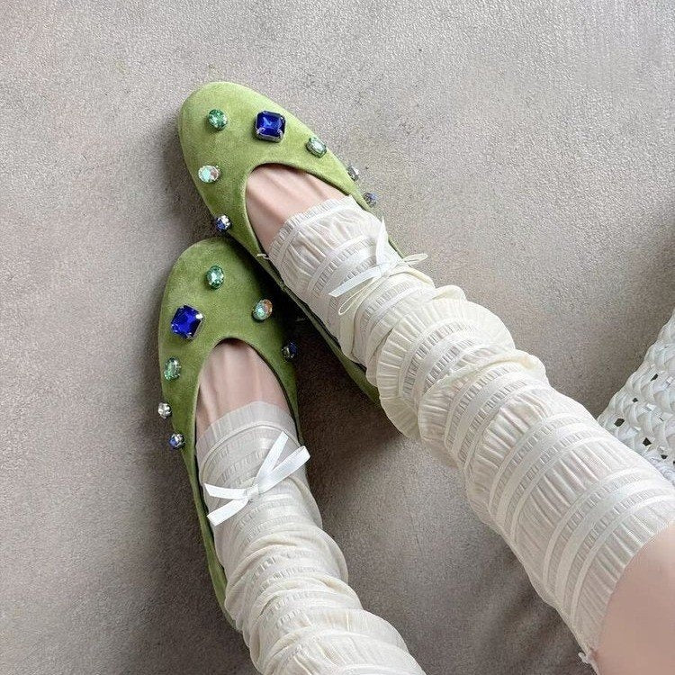 2026 New French Style Rhinestone Slip On Loafers Women Flat Shallow Mouth Shoes Gem Decor Vintage Grandma Shoes