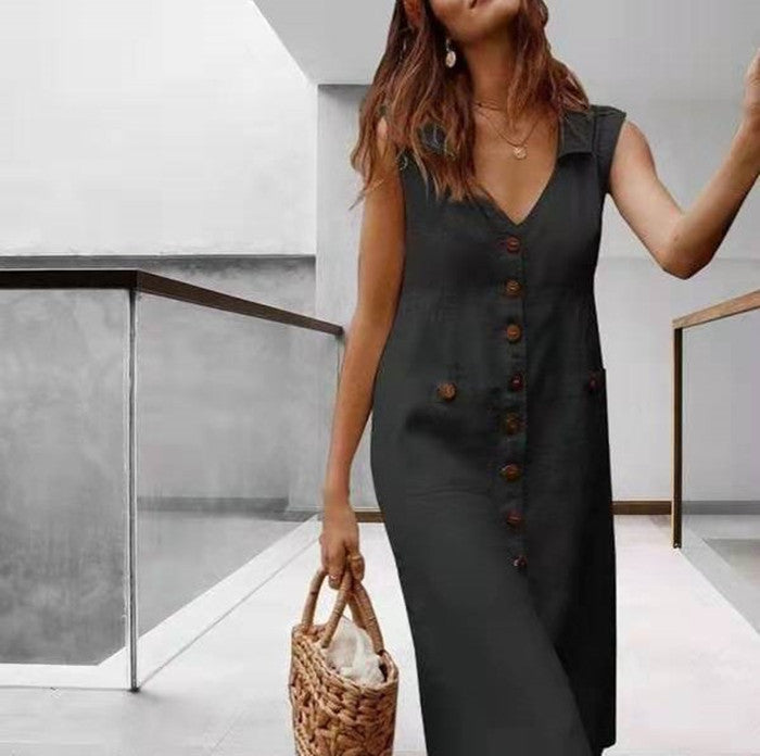 Summer Fashion V-Neck Button Dress Women Sleeveless Office Party Casual Dresses
