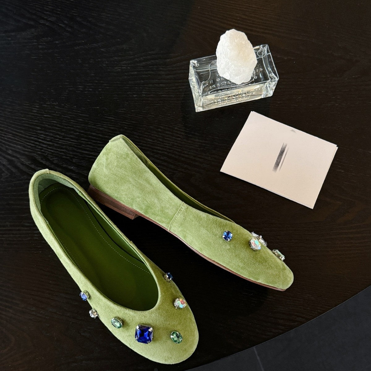 2026 New French Style Rhinestone Slip On Loafers Women Flat Shallow Mouth Shoes Gem Decor Vintage Grandma Shoes
