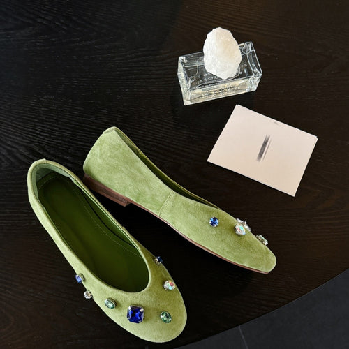 2026 New French Style Rhinestone Slip On Loafers Women Flat Shallow Mouth Shoes Gem Decor Vintage Grandma Shoes
