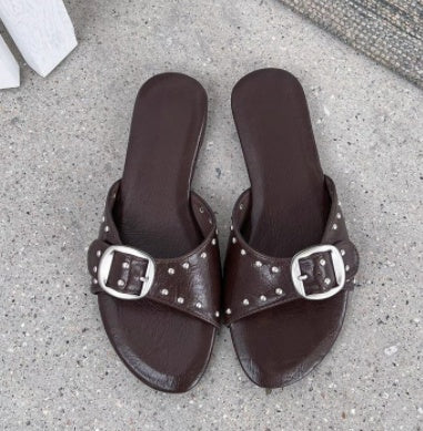 2026 Summer New French Style Buckle Slide Sandals Women Flat Leopard Print Beach Holiday Outdoor Slippers
