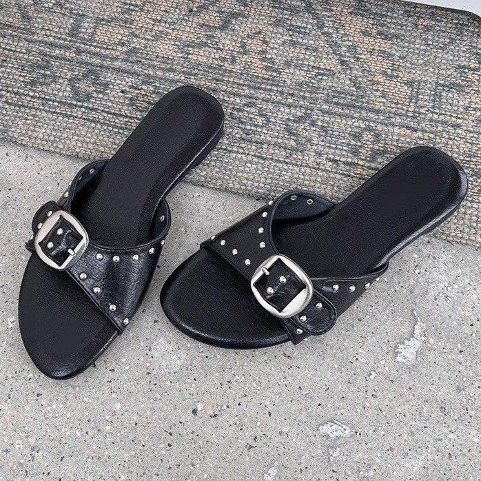 2026 Summer New French Style Buckle Slide Sandals Women Flat Leopard Print Beach Holiday Outdoor Slippers