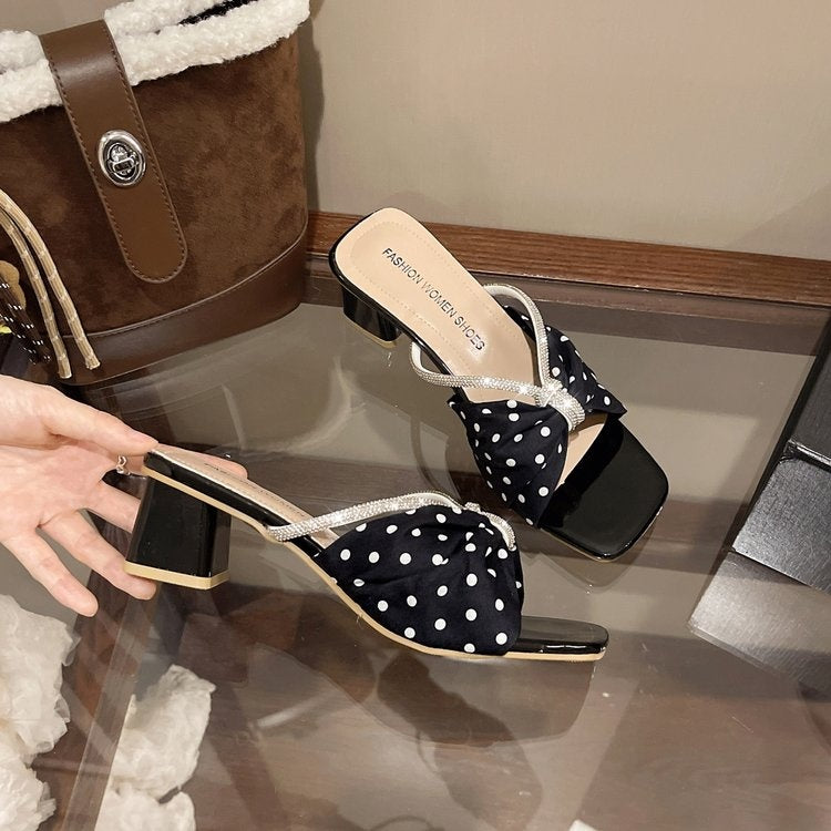 2026 New Square Toe Polka Dot Rhinestone Bow One Strap Block Heel Mules Women Outdoor Elegant Sandals