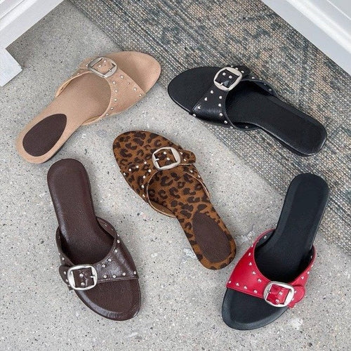 2026 Summer New French Style Buckle Slide Sandals Women Flat Leopard Print Beach Holiday Outdoor Slippers