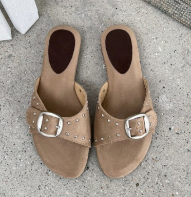 2026 Summer New French Style Buckle Slide Sandals Women Flat Leopard Print Beach Holiday Outdoor Slippers